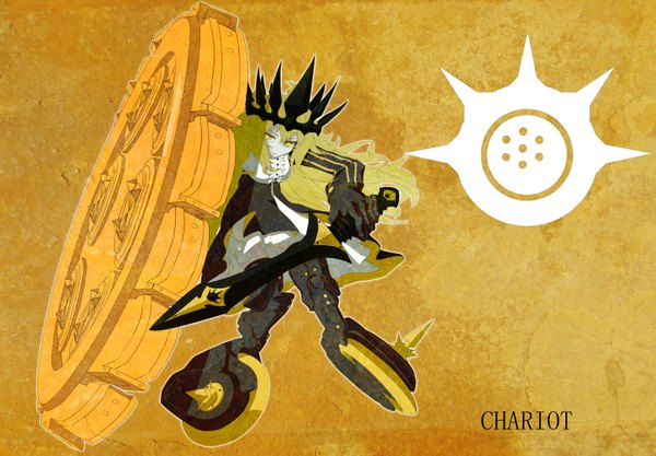 Anime picture 6206x4323 with black rock shooter chariot (black rock shooter) single long hair looking at viewer blush highres blonde hair yellow eyes absurdres inscription girl dress weapon sword shield