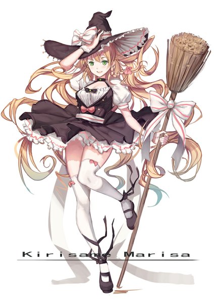 Anime picture 620x877 with touhou kirisame marisa soulkiller (brz) single tall image light erotic simple background white background green eyes looking away braid (braids) very long hair parted lips pantyshot character names side braid leg lift (legs lift) girl thighhighs underwear