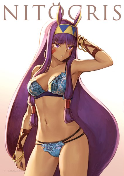 Anime picture 1241x1754 with fate (series) fate/grand order nitocris (fate) mashuu (neko no oyashiro) single tall image fringe breasts light erotic simple background hair between eyes purple eyes animal ears payot looking away cleavage purple hair very long hair parted lips armpit (armpits)