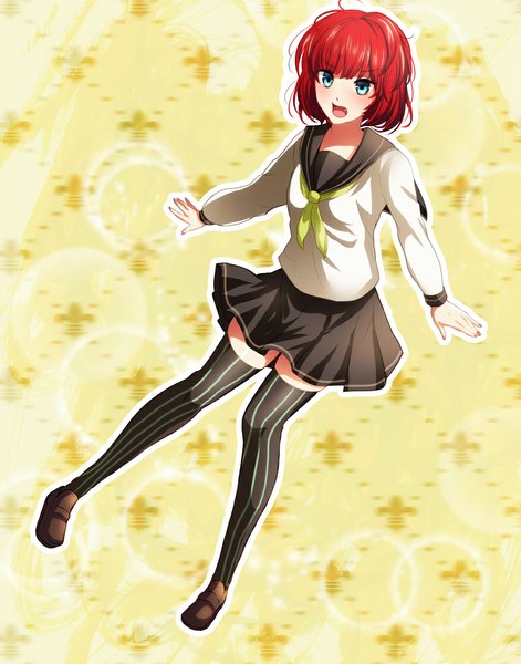 Anime picture 875x1115 with original karo karo single tall image looking at viewer blush short hair open mouth blue eyes red hair girl thighhighs skirt uniform school uniform striped thighhighs