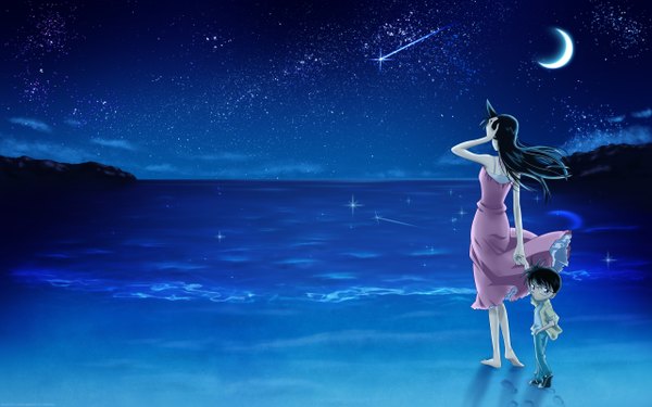Anime picture 2560x1600 with detective conan edogawa conan mouri ran tagme (artist) long hair highres short hair blue eyes wide image looking back barefoot from behind night beach holding hands crescent shooting star girl dress boy