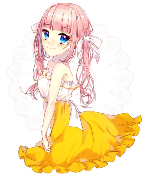 Anime-Bild 2500x3000 mit original motsuni (lxxe1120) single long hair tall image looking at viewer fringe highres blue eyes simple background smile white background twintails bare shoulders payot pink hair blunt bangs frilled dress girl dress