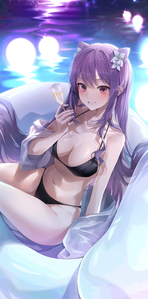 Anime picture 1154x2321 with genshin impact keqing (genshin impact) solcha single long hair tall image looking at viewer blush fringe breasts light erotic smile large breasts twintails payot purple hair pink eyes hair flower off shoulder sparkle