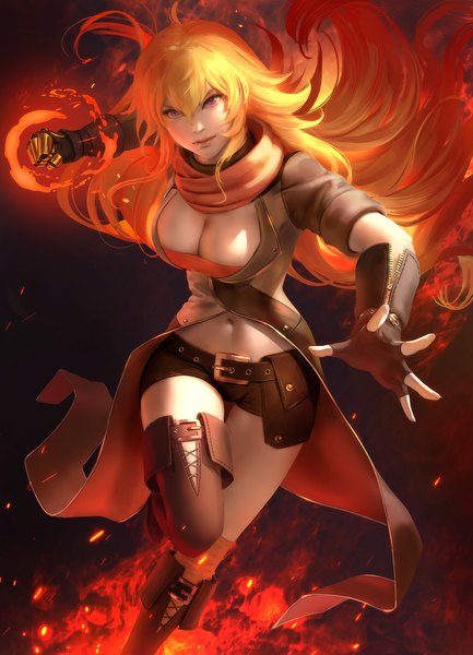 Anime picture 2888x4000 with rwby rooster teeth yang xiao long zarory single long hair tall image looking at viewer fringe highres breasts light erotic simple background blonde hair hair between eyes large breasts standing purple eyes cleavage ahoge