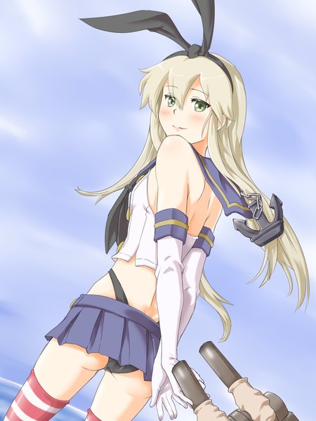 Anime picture 1500x2000 with kantai collection shimakaze destroyer rensouhou-chan rabinidaddo single long hair tall image blush light erotic green eyes silver hair looking back girl thighhighs gloves underwear panties bow weapon hair bow