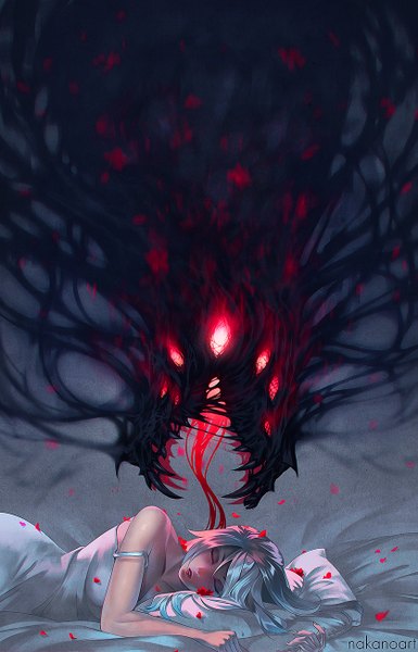 Anime picture 835x1300 with original nakanoart long hair tall image bare shoulders signed blue hair lying eyes closed parted lips lips teeth fang (fangs) glowing on side strap slip sleeping girl petals pillow