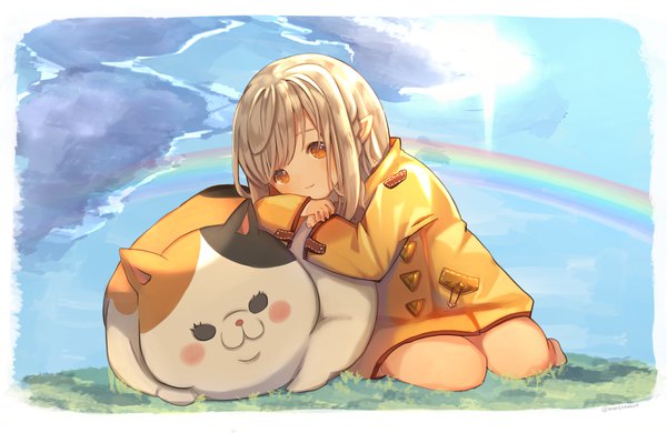 Anime picture 2000x1300 with final fantasy final fantasy xiv square enix lalafell marekamico single long hair blush fringe highres blonde hair smile sitting signed sky cloud (clouds) light smile pointy ears sunlight orange eyes