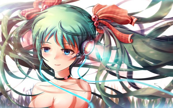 Anime picture 1000x625 with vocaloid hatsune miku dxlsmax (lizhimin) single long hair breasts blue eyes light erotic wide image twintails aqua hair girl ribbon (ribbons) hair ribbon headphones