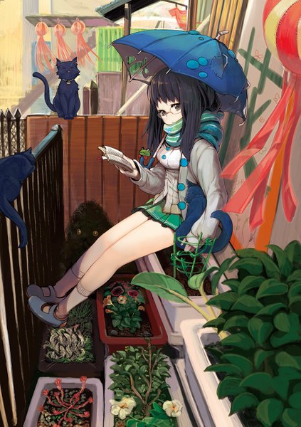 Anime picture 917x1300 with original chachie single long hair tall image looking at viewer black hair sitting black eyes girl skirt plant (plants) animal glasses umbrella cat