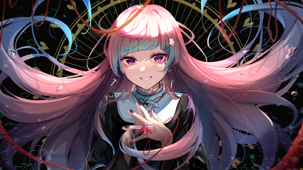 Anime picture 2560x1440 with virtual youtuber wave epi tamago maeshimashi single long hair looking at viewer fringe highres smile wide image pink hair blunt bangs pink eyes multicolored hair two-tone hair grin floating hair fingers together girl