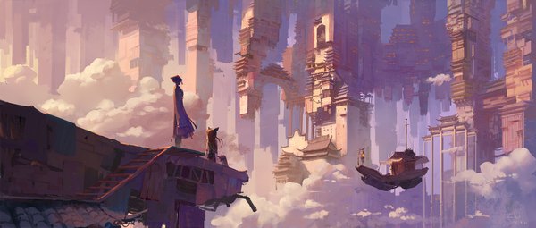 Anime picture 2350x1000 with original tuzki long hair highres wide image standing sitting signed cloud (clouds) outdoors city dated fantasy architecture east asian architecture 2015 girl building (buildings) lantern aircraft