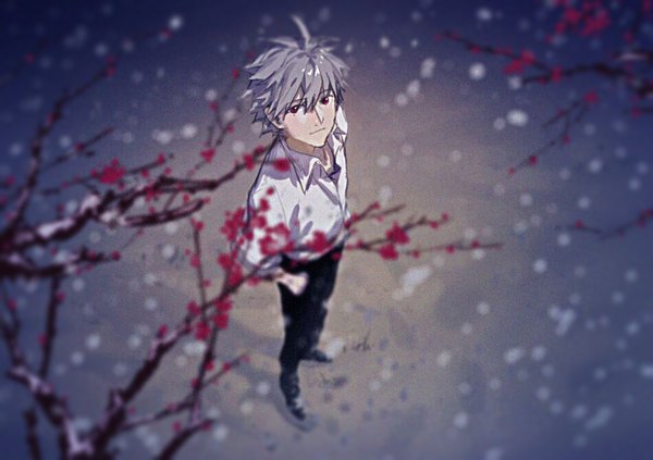 Anime picture 950x671 with neon genesis evangelion gainax nagisa kaworu qiqu single looking at viewer fringe short hair hair between eyes red eyes full body outdoors from above grey hair blurry depth of field snowing snow hands in pockets plum blossoms