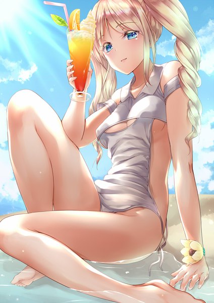 Anime picture 989x1400 with original amasora taichi single long hair tall image looking at viewer blush fringe breasts blue eyes light erotic blonde hair sitting twintails bare shoulders holding sky cloud (clouds) outdoors parted lips