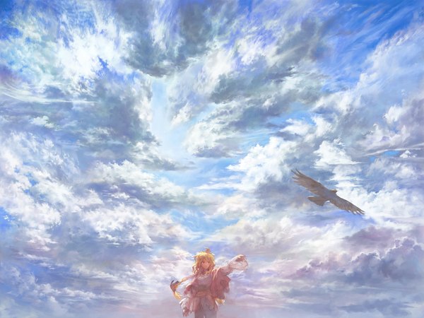 Anime picture 1749x1312 with original matsuda (matsukichi) long hair highres blonde hair brown eyes sky cloud (clouds) braid (braids) landscape girl animal bird (birds)