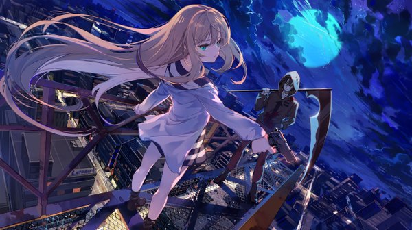 Anime picture 2500x1400 with satsuriku no tenshi ray (satsuriku no tenshi) zack (satsuriku no tenshi) baisi shaonian fringe highres short hair black hair blonde hair hair between eyes wide image standing holding payot cloud (clouds) full body outdoors very long hair looking back aqua eyes