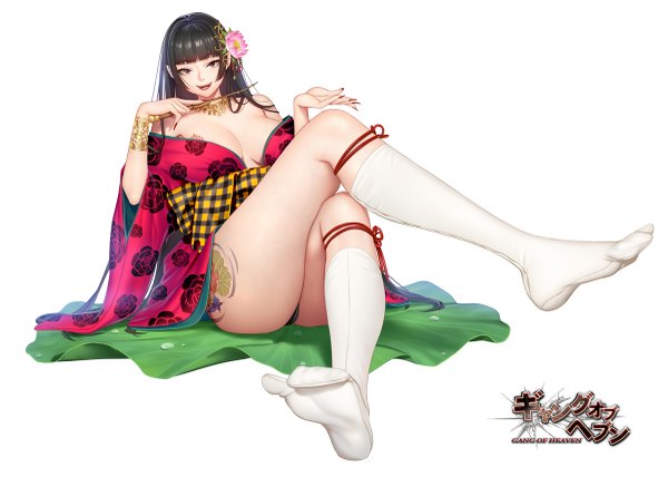 Anime picture 1200x857 with gang of heaven masami chie single long hair looking at viewer fringe breasts open mouth light erotic black hair simple background smile white background brown eyes full body bent knee (knees) blunt bangs nail polish traditional clothes japanese clothes