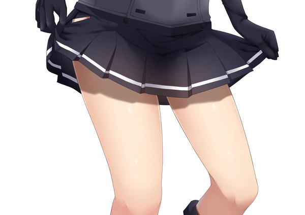 イラスト 2046x1446 と 艦隊これくしょん 初月(艦これ) お冷 ソロ highres light erotic simple background 白背景 bent knee (knees) pleated skirt legs head out of frame 女の子 スカート 手袋 制服 黒い手袋 セーラー服