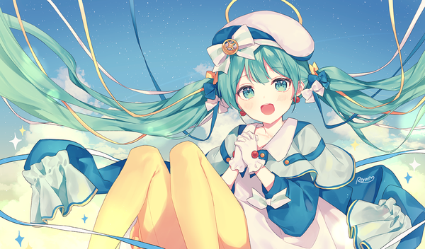 Anime picture 1300x763 with vocaloid hatsune miku silltare single looking at viewer blush open mouth wide image twintails sky cloud (clouds) very long hair :d aqua eyes aqua hair hands clasped girl gloves bow hair bow