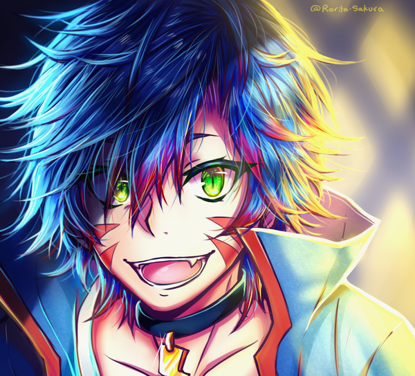 Anime picture 2000x1813 with original rorita-sakura single looking at viewer fringe highres smile hair between eyes green eyes signed blue hair sunlight hair over one eye teeth shadow facial mark close-up face sharp teeth face paint