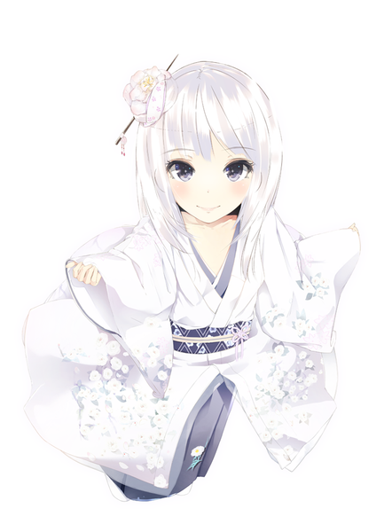 Anime picture 738x1002 with original nosaki viola single long hair tall image looking at viewer blush simple background white background white hair traditional clothes japanese clothes hair flower grey eyes girl hair ornament flower (flowers) kimono obi