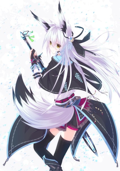 Anime picture 1158x1637 with original nagishiro mito single long hair tall image animal ears yellow eyes white hair tail animal tail looking back girl thighhighs dress weapon black thighhighs sword