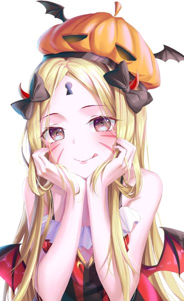 Anime picture 2000x3265 with fate (series) fate/grand order abigail williams (fate) amaroku neko single long hair tall image looking at viewer highres blonde hair simple background white background bare shoulders brown eyes horn (horns) facial mark halloween :q chin rest girl