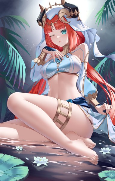 Anime picture 3125x4911 with genshin impact nilou (genshin impact) bingchuan xian yu huang single long hair tall image looking at viewer blush fringe highres breasts light erotic sitting twintails absurdres red hair blunt bangs long sleeves one eye closed barefoot