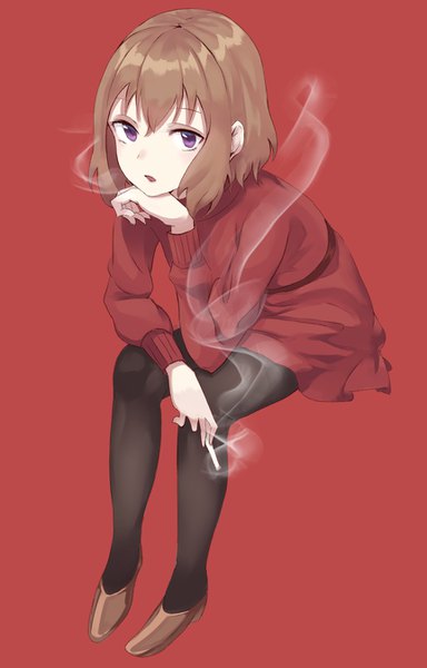 Anime picture 862x1345 with blend s a-1 pictures hoshikawa mafuyu pomuramu single tall image looking at viewer fringe short hair simple background hair between eyes brown hair sitting purple eyes full body smoke red background chin rest girl dress