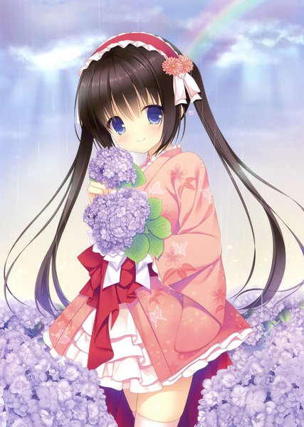 Anime picture 2489x3500 with original hazumi rio single long hair tall image looking at viewer blush highres black hair smile twintails traditional clothes japanese clothes loli girl thighhighs flower (flowers) white thighhighs lolita hairband hydrangea