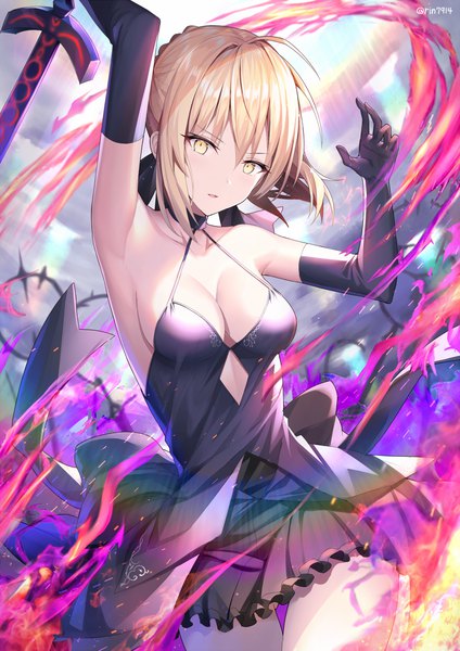 Anime picture 861x1219 with fate (series) fate/grand order fate/stay night artoria pendragon (all) saber alter rin yuu single tall image looking at viewer blush fringe short hair breasts open mouth light erotic blonde hair hair between eyes large breasts standing holding