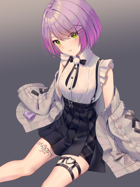Anime picture 1000x1333 with virtual youtuber hololive tokoyami towa tokoyami towa (jirai kei) shands single tall image looking at viewer short hair simple background sitting green eyes purple hair pleated skirt grey background bare legs tattoo official alternate costume girl skirt