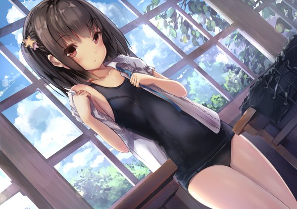 Anime picture 2047x1447 with original missle228 single long hair looking at viewer blush fringe highres light erotic brown hair standing brown eyes sky cloud (clouds) indoors blunt bangs dutch angle open shirt undressing adjusting clothes