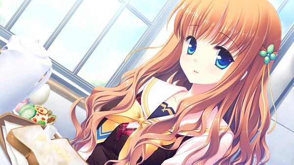 Anime picture 1024x576 with sugirly wish himeyuri megumi long hair blue eyes wide image game cg orange hair girl serafuku food