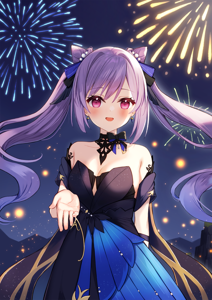 Anime picture 1254x1771 with genshin impact keqing (genshin impact) keqing (opulent splendor) (genshin impact) mirai (mirai76 ) single long hair tall image looking at viewer blush fringe breasts smile large breasts standing twintails bare shoulders payot purple hair pink eyes night