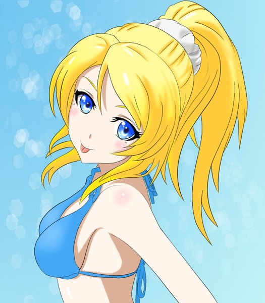 Anime picture 700x800 with love live! school idol project sunrise (studio) love live! ayase eli garasu tama single long hair tall image looking at viewer blush fringe breasts blue eyes light erotic simple background blonde hair hair between eyes bare shoulders upper body ponytail