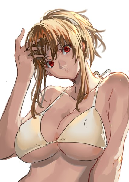 Anime picture 712x1000 with original ranou single long hair tall image looking at viewer fringe breasts light erotic simple background blonde hair red eyes large breasts white background ponytail erect nipples covered nipples hand on head girl bikini top