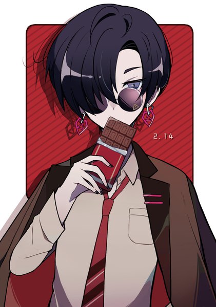 Anime picture 1000x1426 with original sasa kado (redbluemoon74) single tall image looking at viewer fringe short hair black hair upper body nail polish black eyes hair over one eye shadow black nail polish valentine clothes on shoulders boy earrings shirt necktie