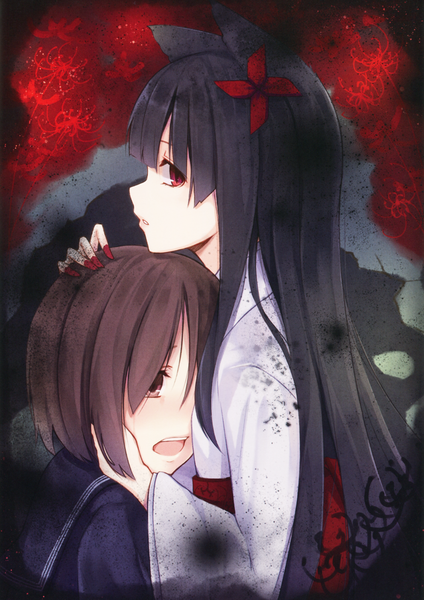 Anime picture 2117x2994 with original lamina (artbook) kyuri long hair tall image looking at viewer highres short hair open mouth black hair red eyes brown hair multiple girls brown eyes animal ears looking away traditional clothes japanese clothes profile fingernails
