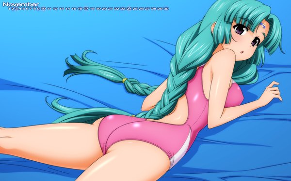 Anime picture 1920x1200 with lost universe canal volphied wave ride long hair highres light erotic wide image purple eyes braid (braids) aqua hair calendar 2013 girl swimsuit calendar