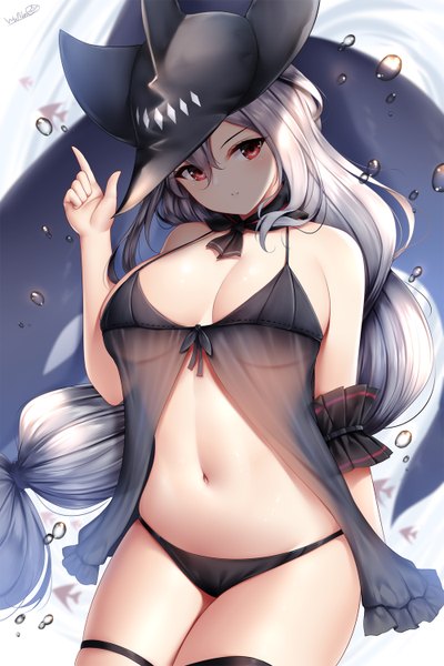 Anime picture 1000x1500 with arknights skadi (arknights) wsman single long hair tall image looking at viewer blush fringe breasts light erotic simple background hair between eyes red eyes large breasts standing bare shoulders signed cleavage silver hair