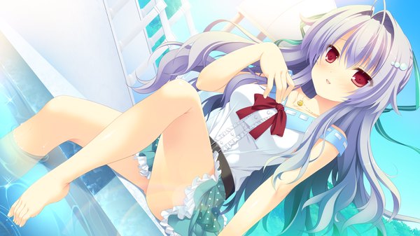 Anime picture 1280x720 with magical dears diana lanford single long hair looking at viewer blush open mouth light erotic red eyes wide image sitting blue hair game cg barefoot bare legs girl skirt miniskirt
