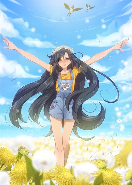 Anime-Bild 1200x1680 mit original basti rin single tall image looking at viewer blush fringe black hair hair between eyes standing green eyes sky cloud (clouds) outdoors very long hair light smile mole arms up bare legs spread arms