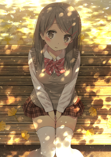 Anime picture 708x1000 with original tsuke (maholabo) single long hair tall image looking at viewer blush breasts open mouth sitting outdoors grey hair shadow grey eyes plaid skirt looking up between legs autumn knees touching girl
