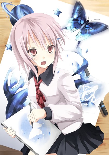 Anime picture 2097x2976 with original samegami single tall image highres short hair open mouth brown hair brown eyes girl skirt uniform school uniform miniskirt shirt necktie insect butterfly