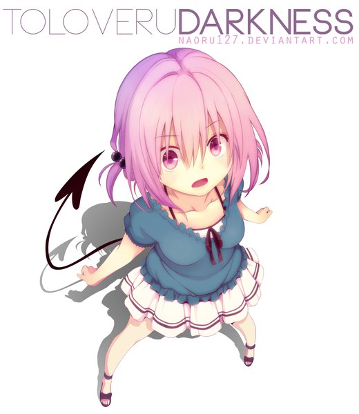Anime picture 1924x2220 with toloveru toloveru darkness xebec momo velia deviluke eltk single tall image highres short hair open mouth white background pink hair pleated skirt pink eyes from above inscription shadow coloring demon tail girl