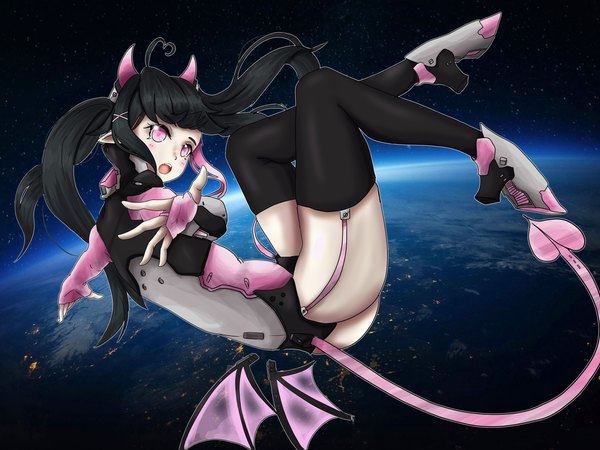 Anime picture 5760x4320 with original rainbow d fox single long hair looking at viewer blush fringe highres open mouth light erotic black hair twintails absurdres full body ahoge bent knee (knees) outdoors ass tail pink eyes