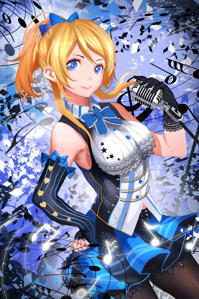 Anime picture 800x1200 with love live! school idol project sunrise (studio) love live! ayase eli xiaoshou xiansheng single long hair tall image blue eyes blonde hair smile bare shoulders ponytail girl dress gloves bow hair bow pantyhose black gloves