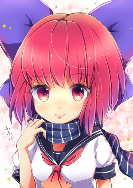 Anime picture 1018x1440 with touhou sekibanki uta (kuroneko) single tall image looking at viewer blush fringe short hair smile red eyes red hair alternate costume girl uniform bow hair bow serafuku scarf striped scarf