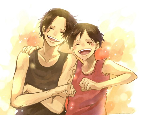 Anime picture 1200x977 with one piece toei animation monkey d. luffy portgas d. ace pege (artist) blush short hair open mouth black hair eyes closed tattoo hug happy scar crossed arms siblings laughing brothers boy