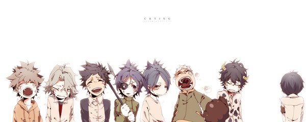 Anime picture 2000x800 with katekyou hitman reborn sawada tsunayoshi hibari kyouya rokudo mukuro gokudera hayato chrome dokuro yamamoto takeshi lambo sasagawa ryohei wavesheep highres short hair open mouth black hair simple background wide image white background purple hair white hair eyes closed